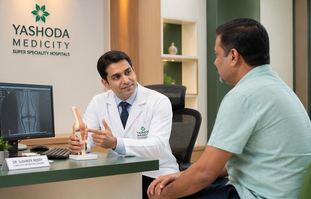 Doctor consulting a patient about joint pain at Yashoda Medicity